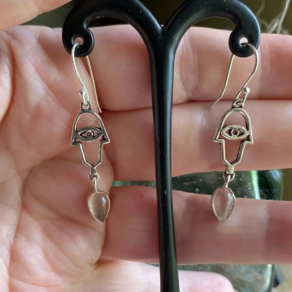 Rose Quartz Hamza Evil Eye Sterling Earrings